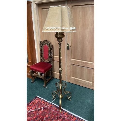 202 - A GILT BRASS FLOOR STANDARD LAMP, highly decorative with engraved details to cylindrical & knopped t... 