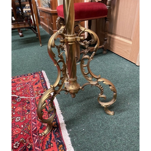 202 - A GILT BRASS FLOOR STANDARD LAMP, highly decorative with engraved details to cylindrical & knopped t... 