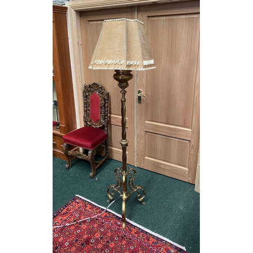 202 - A GILT BRASS FLOOR STANDARD LAMP, highly decorative with engraved details to cylindrical & knopped t... 