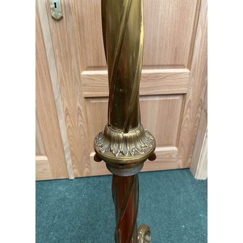 202 - A GILT BRASS FLOOR STANDARD LAMP, highly decorative with engraved details to cylindrical & knopped t... 