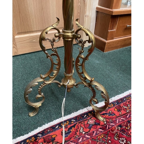 202 - A GILT BRASS FLOOR STANDARD LAMP, highly decorative with engraved details to cylindrical & knopped t... 