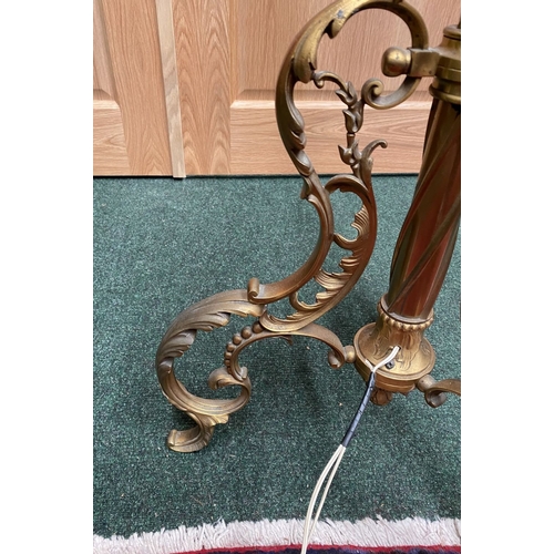 202 - A GILT BRASS FLOOR STANDARD LAMP, highly decorative with engraved details to cylindrical & knopped t... 
