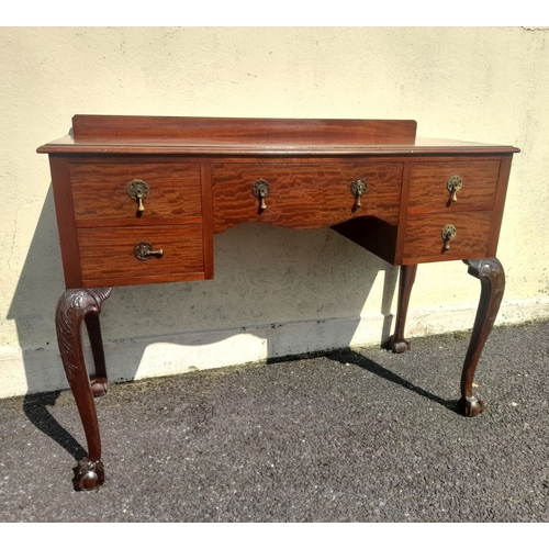 203 - A MAHOGANY QUEEN ANNE STYLE WRITING DESK, with raised gallery to back, five drawers with brass drop ... 