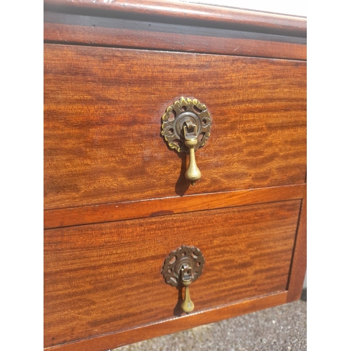 203 - A MAHOGANY QUEEN ANNE STYLE WRITING DESK, with raised gallery to back, five drawers with brass drop ... 