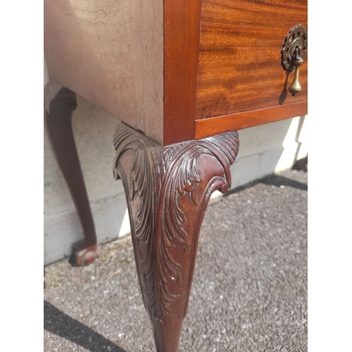203 - A MAHOGANY QUEEN ANNE STYLE WRITING DESK, with raised gallery to back, five drawers with brass drop ... 