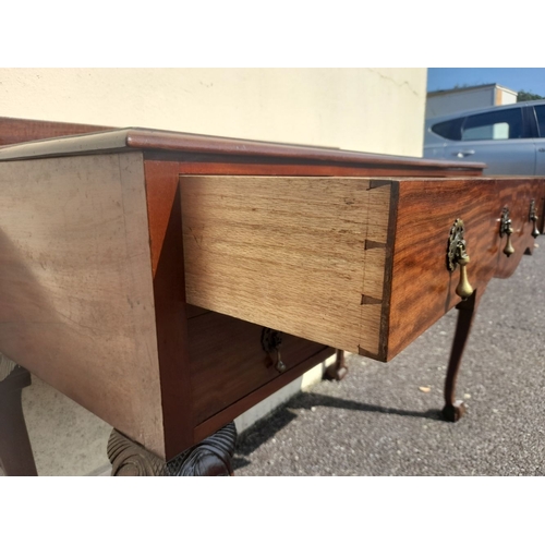 203 - A MAHOGANY QUEEN ANNE STYLE WRITING DESK, with raised gallery to back, five drawers with brass drop ... 