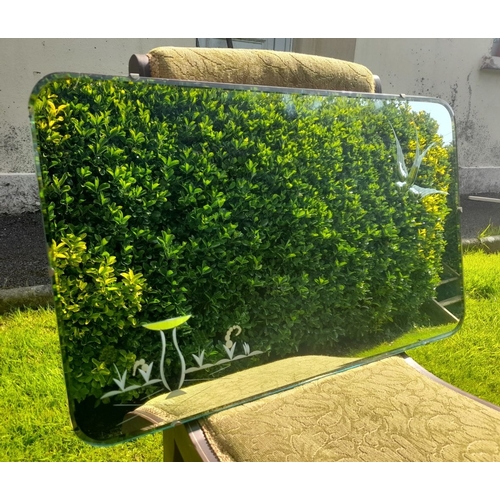 204 - A VINTAGE BEVELLED ETCHED GLASS WALL MIRROR, c.1960, rectangular form bevelled glass with curved cor... 