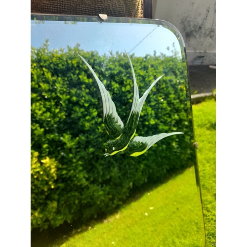 204 - A VINTAGE BEVELLED ETCHED GLASS WALL MIRROR, c.1960, rectangular form bevelled glass with curved cor... 