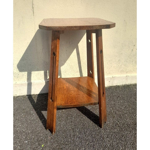 205 - AN OAK ARTS & CRAFTS STYLE SIDE TABLE, with inlay to top, raised on splayed legs with openwork desig... 