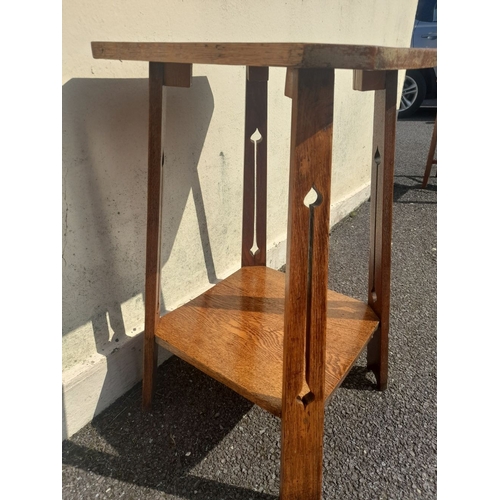 205 - AN OAK ARTS & CRAFTS STYLE SIDE TABLE, with inlay to top, raised on splayed legs with openwork desig... 