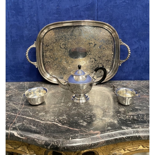 208 - A VINTAGE SILVER-PLATED LOT TO INCLUDE, a double handled tray with highly engraved top, the base eng... 