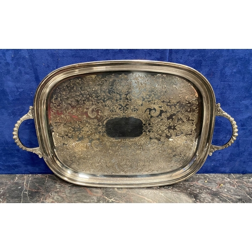 208 - A VINTAGE SILVER-PLATED LOT TO INCLUDE, a double handled tray with highly engraved top, the base eng... 