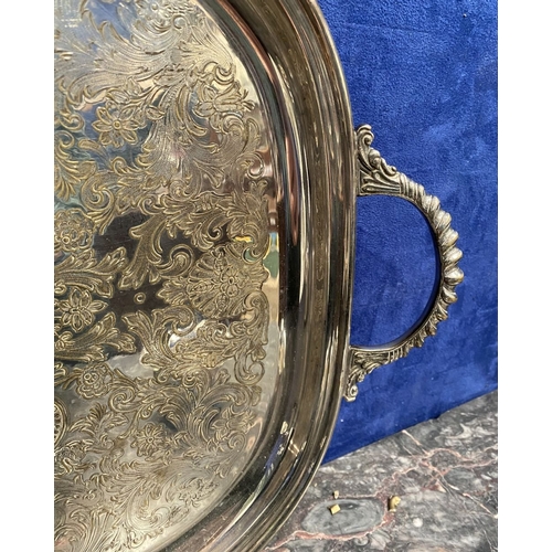 208 - A VINTAGE SILVER-PLATED LOT TO INCLUDE, a double handled tray with highly engraved top, the base eng... 