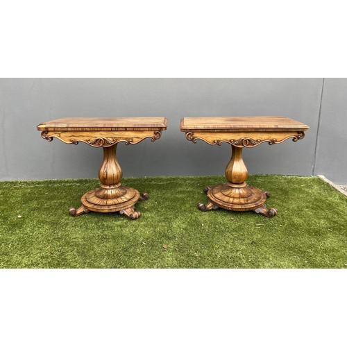 21 - AN EXCELLENT PAIR OF 19TH CENTURY TURN OVER LEAF TABLES, card table & tea table, both with scroll ca... 