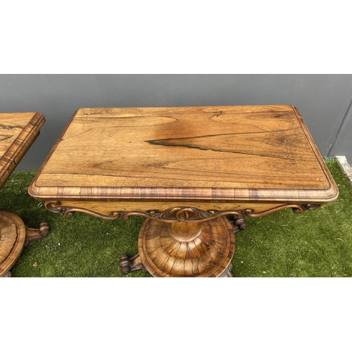 21 - AN EXCELLENT PAIR OF 19TH CENTURY TURN OVER LEAF TABLES, card table & tea table, both with scroll ca... 