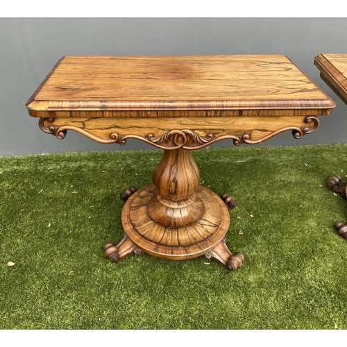 21 - AN EXCELLENT PAIR OF 19TH CENTURY TURN OVER LEAF TABLES, card table & tea table, both with scroll ca... 