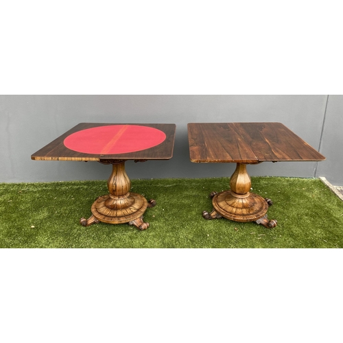 21 - AN EXCELLENT PAIR OF 19TH CENTURY TURN OVER LEAF TABLES, card table & tea table, both with scroll ca... 