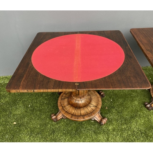 21 - AN EXCELLENT PAIR OF 19TH CENTURY TURN OVER LEAF TABLES, card table & tea table, both with scroll ca... 