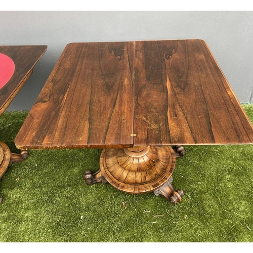 21 - AN EXCELLENT PAIR OF 19TH CENTURY TURN OVER LEAF TABLES, card table & tea table, both with scroll ca... 