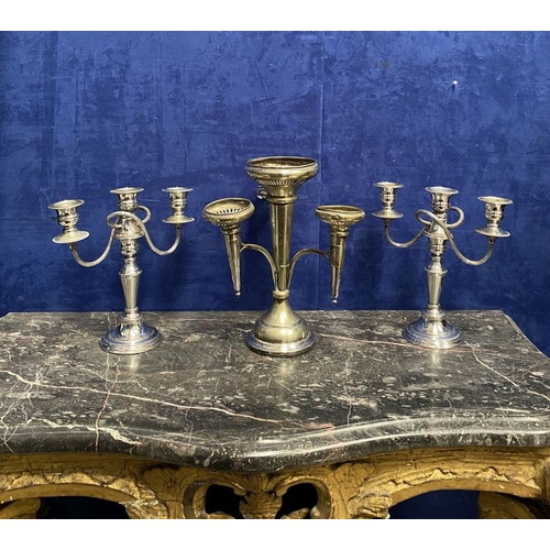 215 - A PAIR OF VINTAGE SILVER ON COPPER CANDELABRA ALONG WITH SILVER-PLATED EPERGNE, the candelabra with ... 
