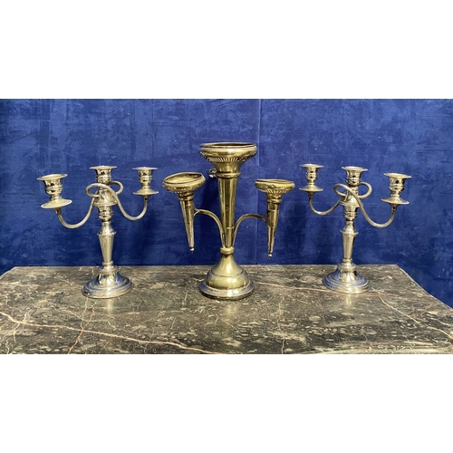 215 - A PAIR OF VINTAGE SILVER ON COPPER CANDELABRA ALONG WITH SILVER-PLATED EPERGNE, the candelabra with ... 