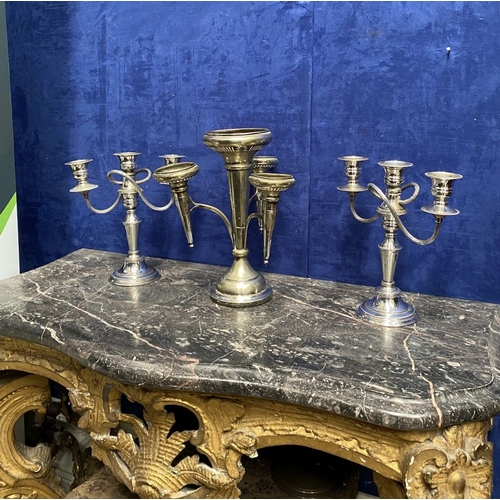 215 - A PAIR OF VINTAGE SILVER ON COPPER CANDELABRA ALONG WITH SILVER-PLATED EPERGNE, the candelabra with ... 