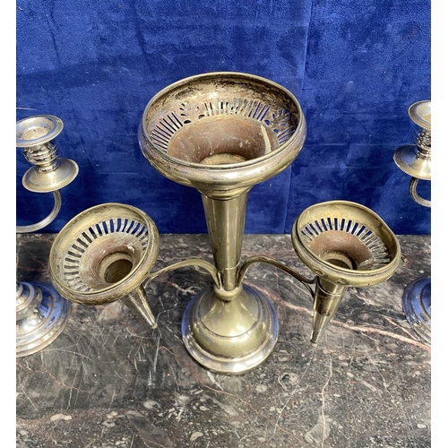 215 - A PAIR OF VINTAGE SILVER ON COPPER CANDELABRA ALONG WITH SILVER-PLATED EPERGNE, the candelabra with ... 