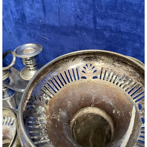 215 - A PAIR OF VINTAGE SILVER ON COPPER CANDELABRA ALONG WITH SILVER-PLATED EPERGNE, the candelabra with ... 