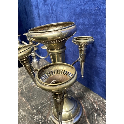 215 - A PAIR OF VINTAGE SILVER ON COPPER CANDELABRA ALONG WITH SILVER-PLATED EPERGNE, the candelabra with ... 