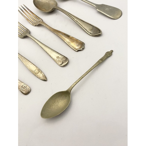 216 - A COLLECTION OF NICKEL SILVERWARE & SILVERPLATE, (1) Nickel silver to include serving spoon, tablesp... 