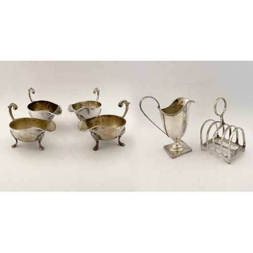217 - A SILVERPLATE LOT TO INCLUDE: A SET OF FOUR VINTAGE HEAVY SILVER-PLATE SAUCE BOATS, VINTAGE SILVER-P... 
