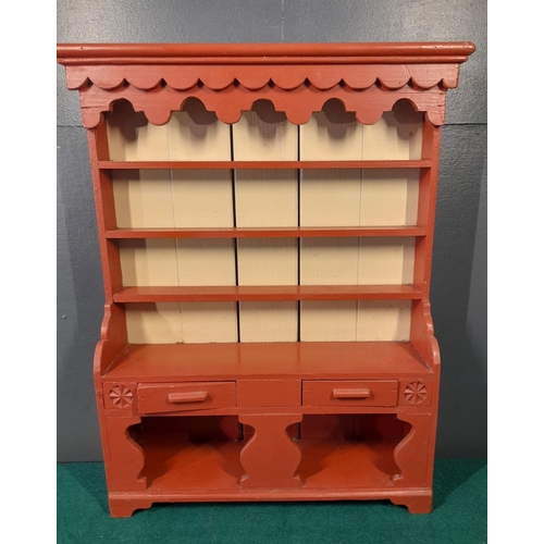 219 - A CHARMING PAINTED MINIATURE/APPRENTICE PIECE, Irish Vernacular dresser, complete with two drawers, ... 
