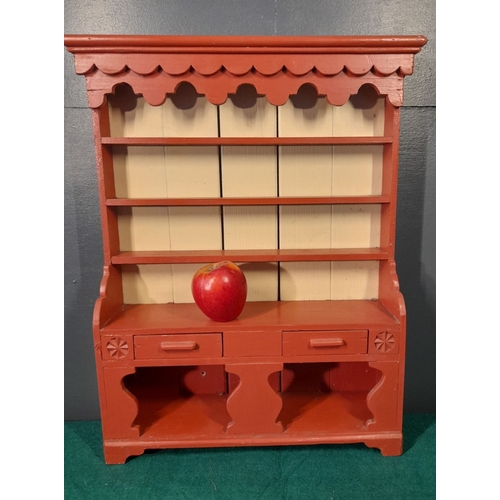 219 - A CHARMING PAINTED MINIATURE/APPRENTICE PIECE, Irish Vernacular dresser, complete with two drawers, ... 