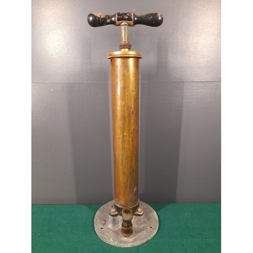 224 - A VINTAGE BRASS CAR TYRE PUMP, c.1910-20, hardwood handle to top, dimensions: 62cm high x 10cm wide ... 