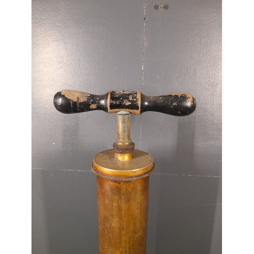 224 - A VINTAGE BRASS CAR TYRE PUMP, c.1910-20, hardwood handle to top, dimensions: 62cm high x 10cm wide ... 