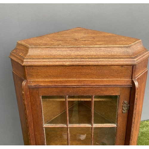 229 - AN ANTIQUE OAK CORNER DISPLAY CABINET, with glazed door revealing shelved interior above shaped base... 
