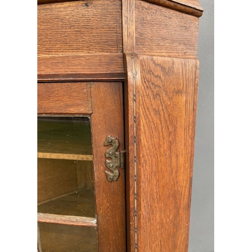229 - AN ANTIQUE OAK CORNER DISPLAY CABINET, with glazed door revealing shelved interior above shaped base... 