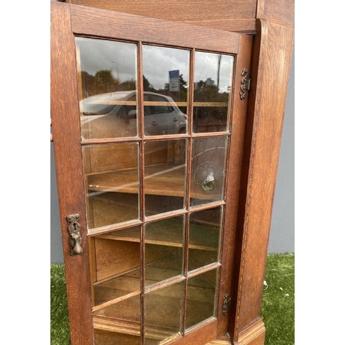 229 - AN ANTIQUE OAK CORNER DISPLAY CABINET, with glazed door revealing shelved interior above shaped base... 