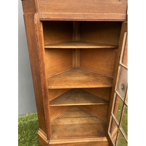 229 - AN ANTIQUE OAK CORNER DISPLAY CABINET, with glazed door revealing shelved interior above shaped base... 