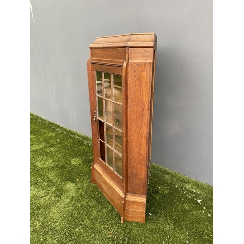 229 - AN ANTIQUE OAK CORNER DISPLAY CABINET, with glazed door revealing shelved interior above shaped base... 