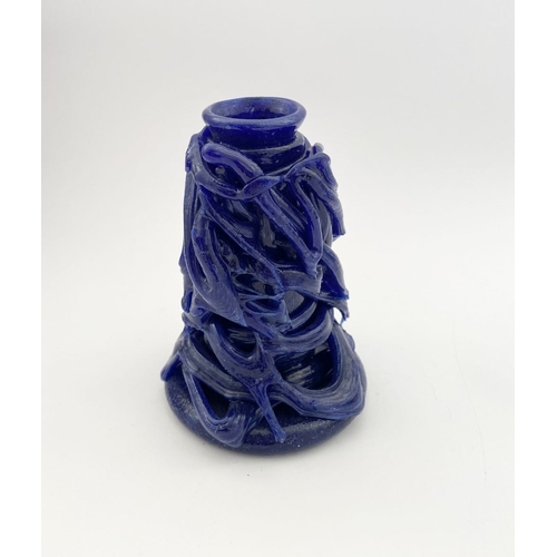 232 - A MID-CENTURY BLUE GLASS CANDLESTICK HOLDER/BUD VASE, hand-made, date label 1941 to base. Dimensions... 