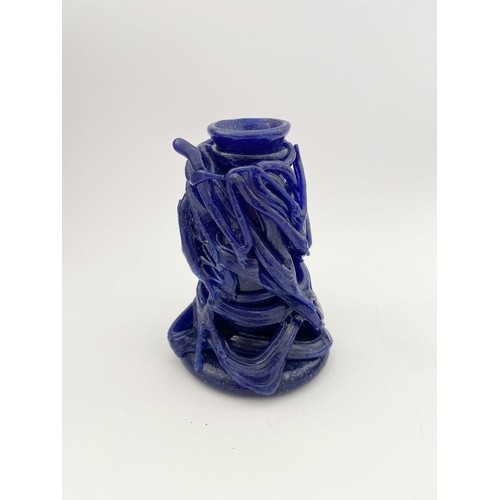 232 - A MID-CENTURY BLUE GLASS CANDLESTICK HOLDER/BUD VASE, hand-made, date label 1941 to base. Dimensions... 