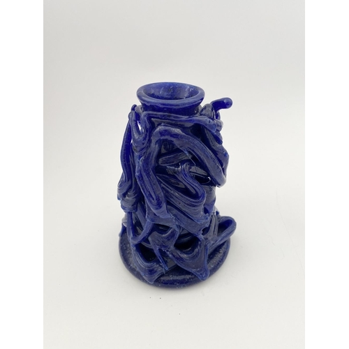 232 - A MID-CENTURY BLUE GLASS CANDLESTICK HOLDER/BUD VASE, hand-made, date label 1941 to base. Dimensions... 