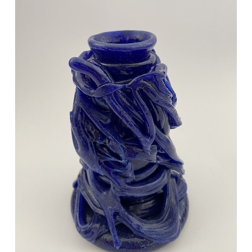 232 - A MID-CENTURY BLUE GLASS CANDLESTICK HOLDER/BUD VASE, hand-made, date label 1941 to base. Dimensions... 