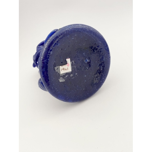 232 - A MID-CENTURY BLUE GLASS CANDLESTICK HOLDER/BUD VASE, hand-made, date label 1941 to base. Dimensions... 