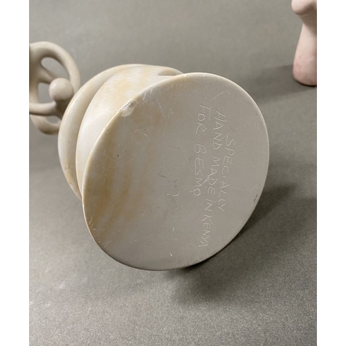 233 - A TRIO OF CARVED SOAPSTONE SCULPTURES, central ‘unity’/’circle of friends’ can be used as a tealight... 