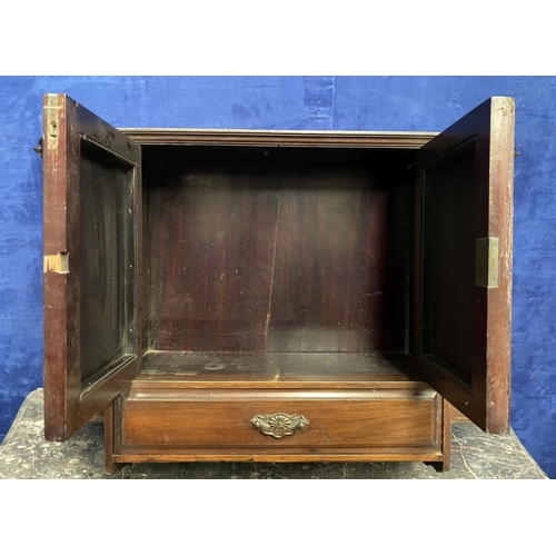 234 - AN ANTIQUE MAHOGANY HANGING CABINET, with shaped reeded border to top above two panelled doors over ... 