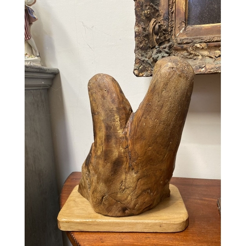 235 - A HARDWOOD CARVED OWL SCULPTURE, carved from one piece of wood, the owls with beaded eyes. On rectan... 