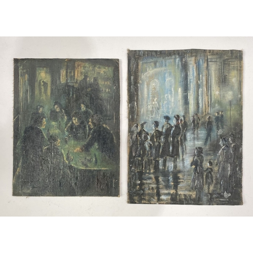 237 - EUROPEAN SCHOOL, 20TH CENTURY, oil on canvas board, depicting outdoor scene with figures, inscribed ... 