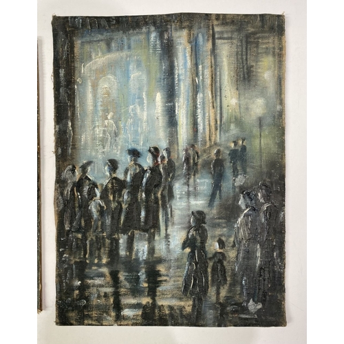 237 - EUROPEAN SCHOOL, 20TH CENTURY, oil on canvas board, depicting outdoor scene with figures, inscribed ... 